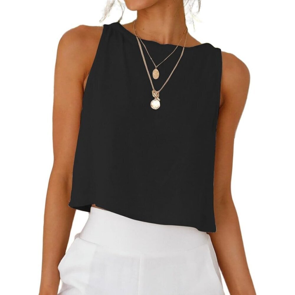 Women's Linen Crop Tank Top Medium Sleeveless High Neck Button Casual Beach